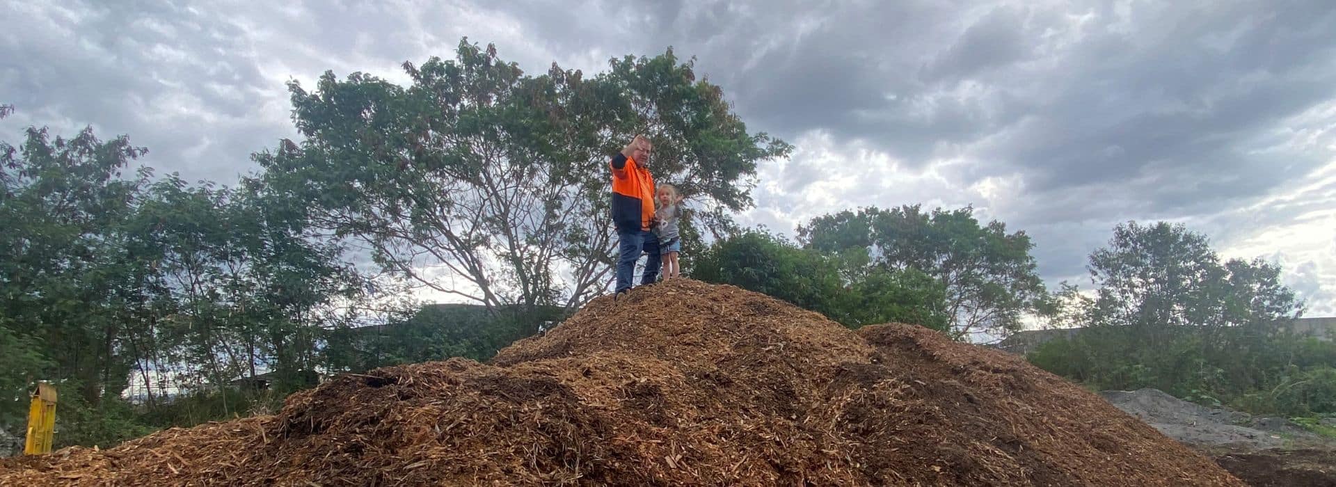 Large pile of forest mulch in natural outdoor setting with man and child standing on top